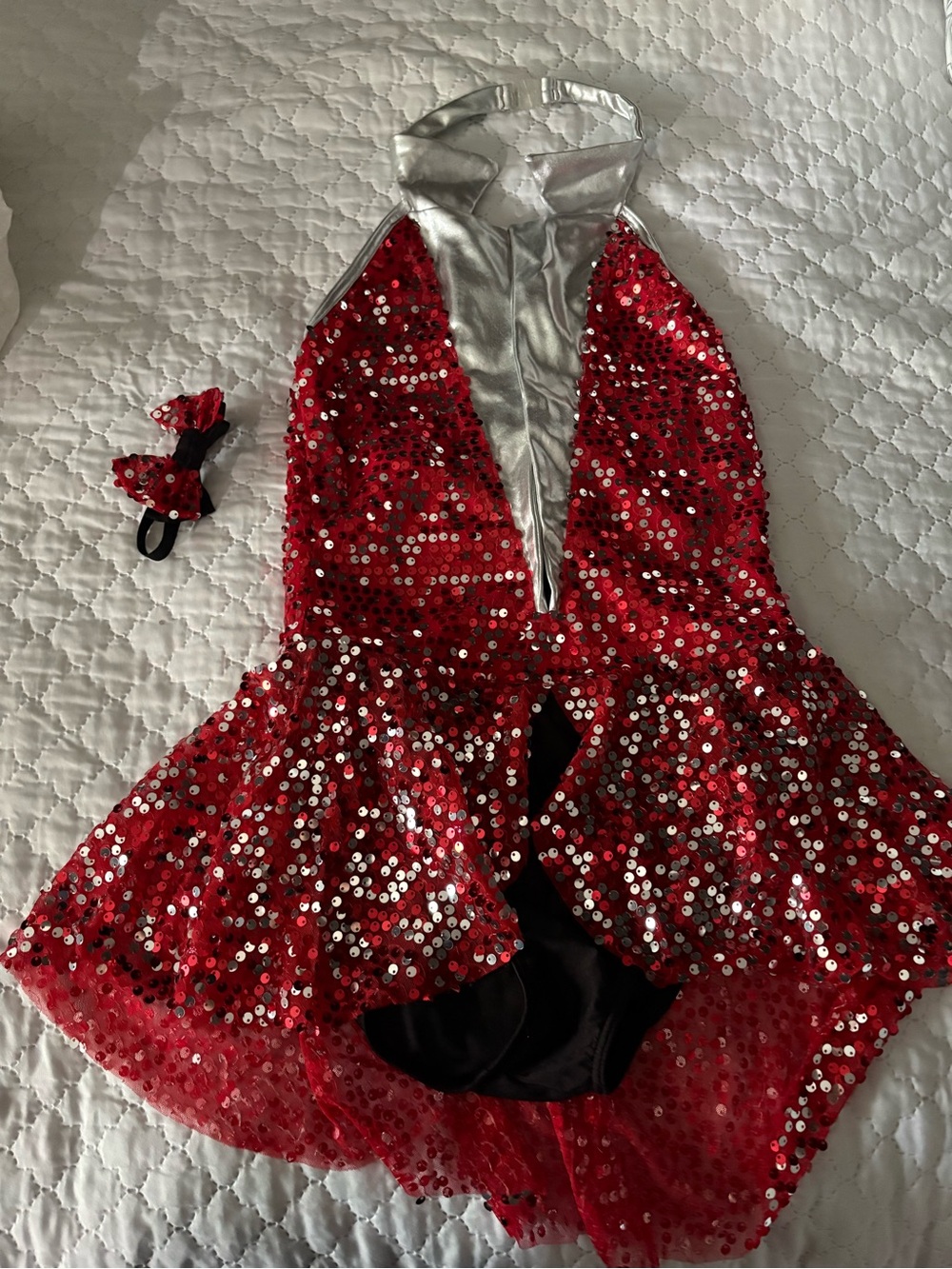 Red Sequin Halter Dance Costume with Silver Accent